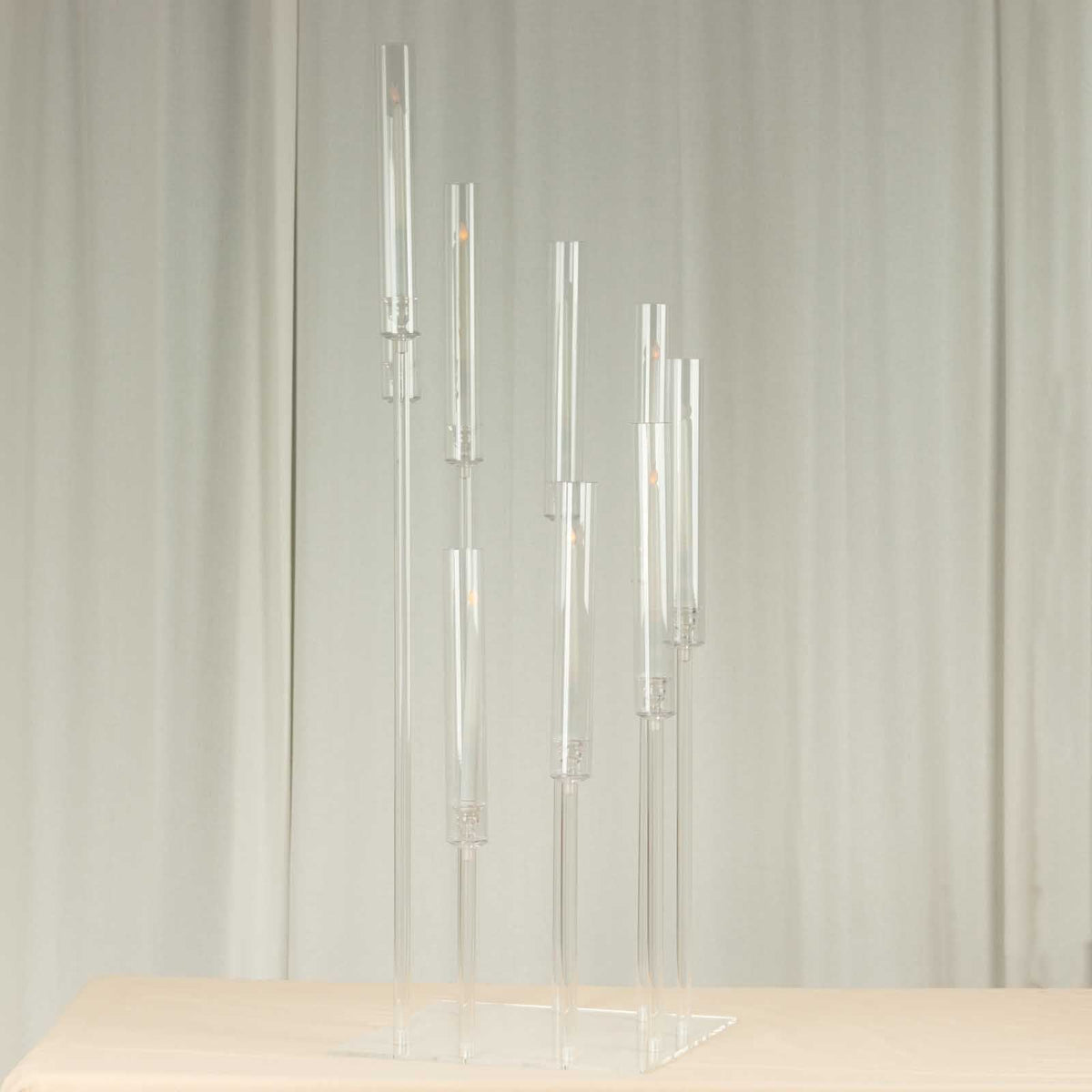 9-Arm Acrylic Cluster Taper Candelabra with Square Base 4ft Clear - Stylish Candle Holder Table Centerpiece for Pillar Candles & Events