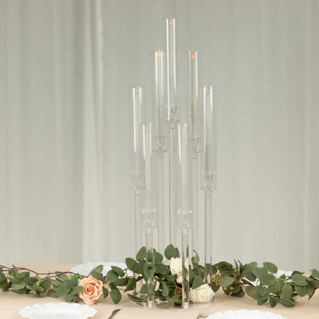 7-Arm Acrylic Cluster Round Taper Candelabra with Circular Base 33" Clear - Sophisticated Pillar Candle Holder Table Centerpiece for Events