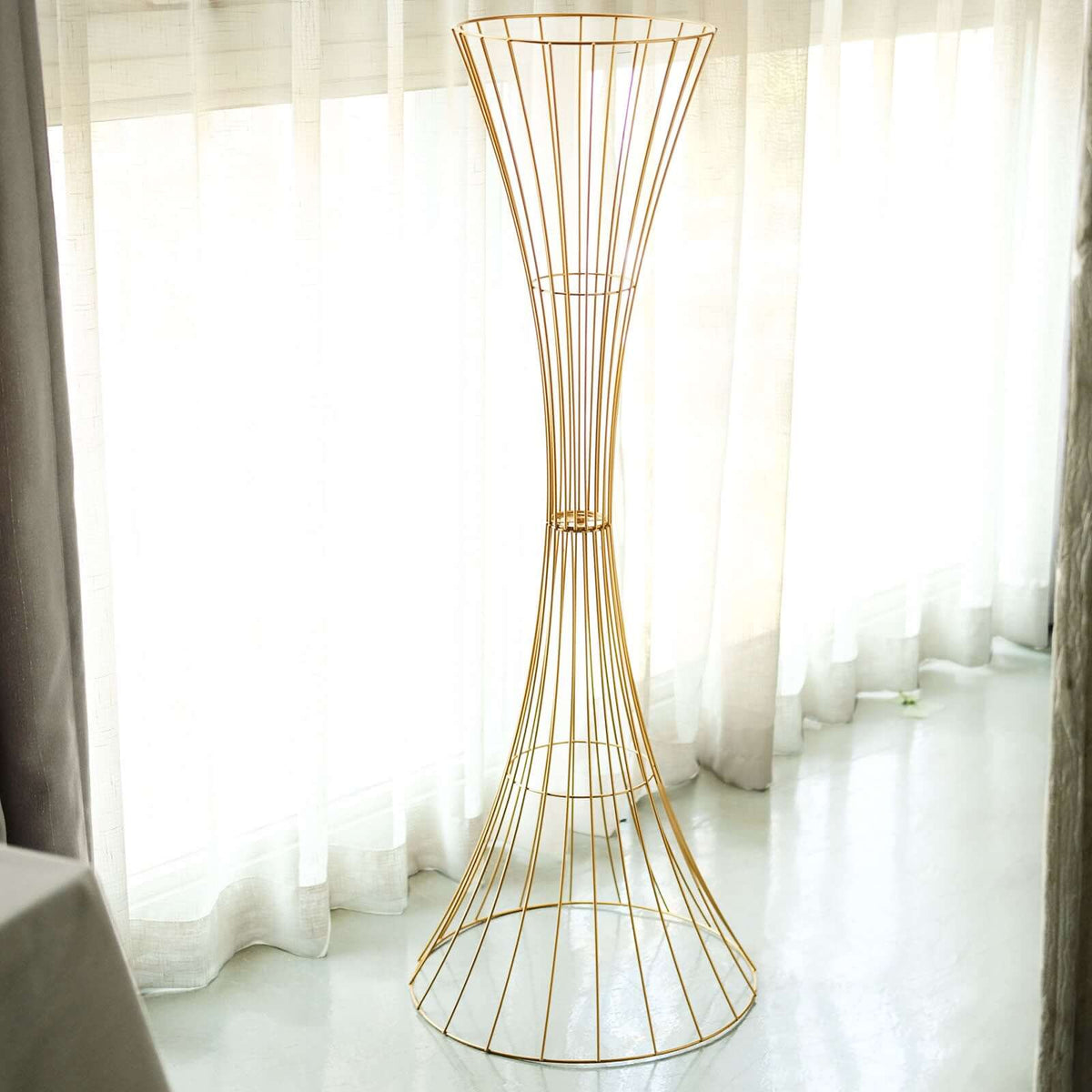 Gold Metal Wire Trumpet Shaped Flower Centerpiece Stand, Hourglass Open Frame Reversible Pedestal Prop 48" Tall