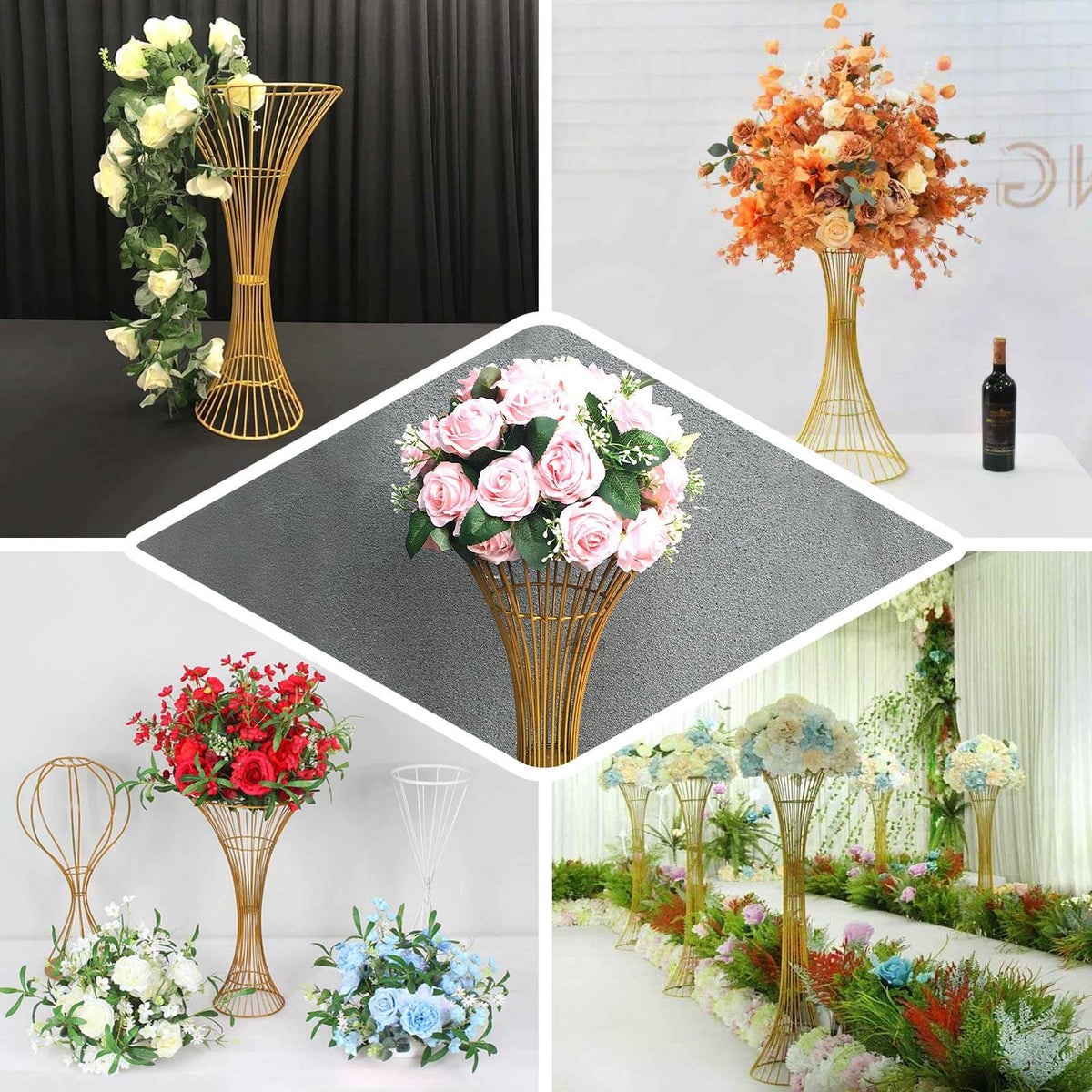 Gold Metal Wire Trumpet Shaped Flower Centerpiece Stand, Hourglass Open Frame Reversible Pedestal Prop 48" Tall