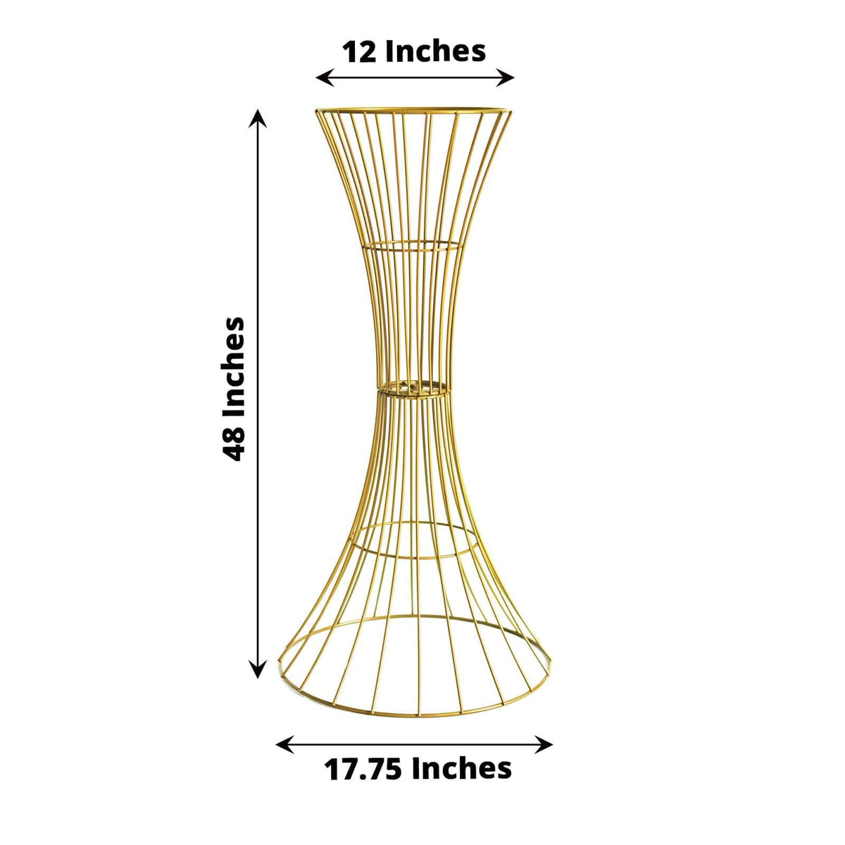 Gold Metal Wire Trumpet Shaped Flower Centerpiece Stand, Hourglass Open Frame Reversible Pedestal Prop 48" Tall