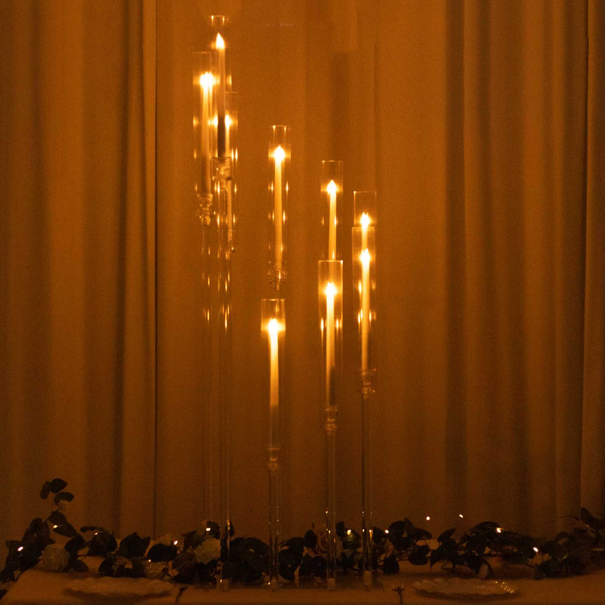 9-Arm Acrylic Cluster Taper Candelabra with Square Base 4ft Clear - Stylish Candle Holder Table Centerpiece for Pillar Candles & Events