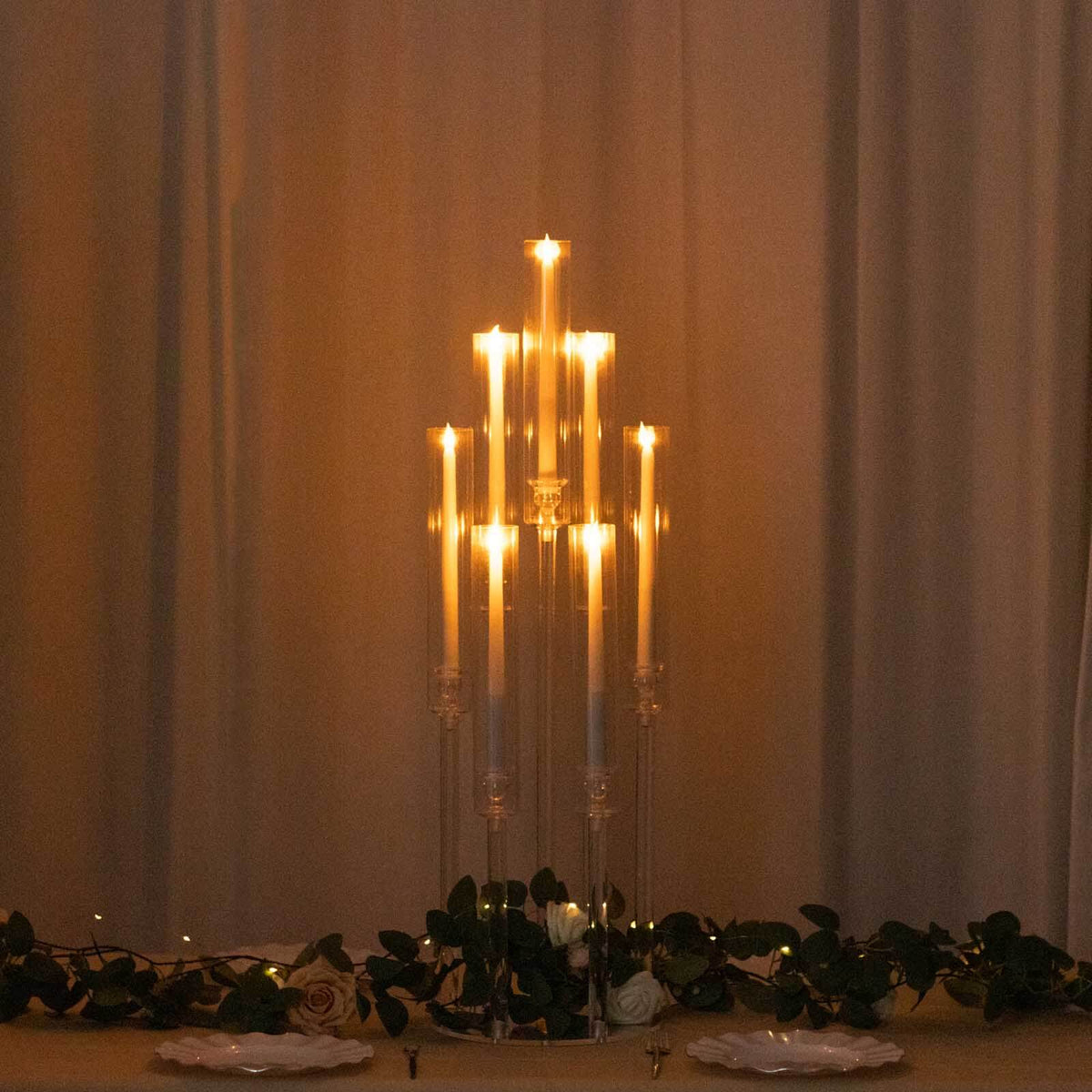 7-Arm Acrylic Cluster Round Taper Candelabra with Circular Base 33" Clear - Sophisticated Pillar Candle Holder Table Centerpiece for Events