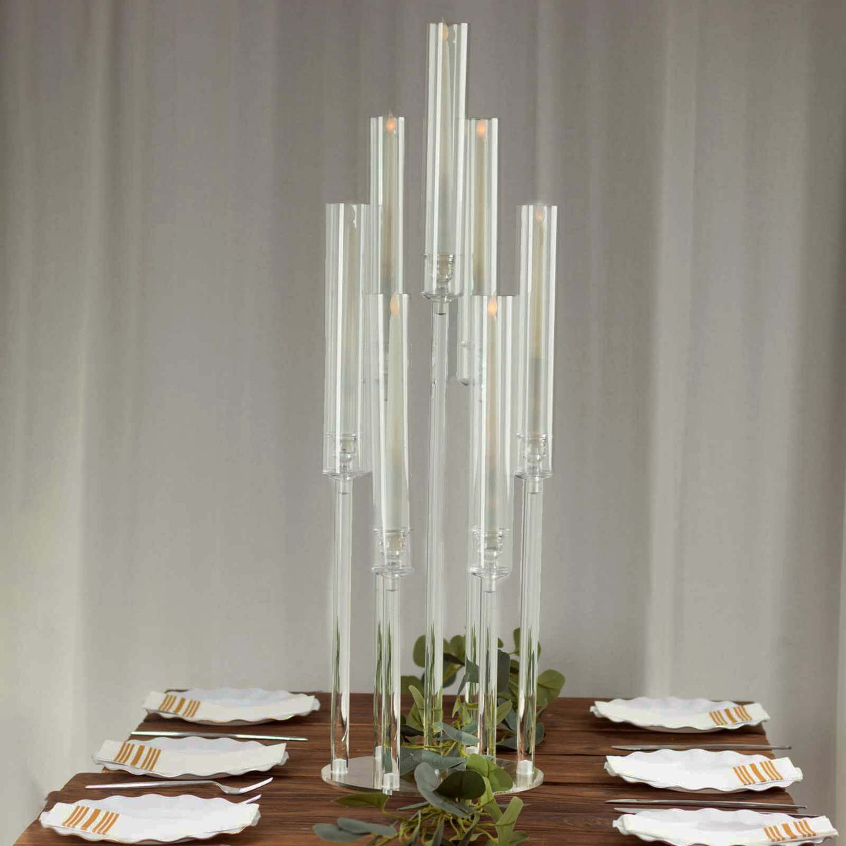 7-Arm Acrylic Cluster Round Taper Candelabra with Circular Base 33" Clear - Sophisticated Pillar Candle Holder Table Centerpiece for Events