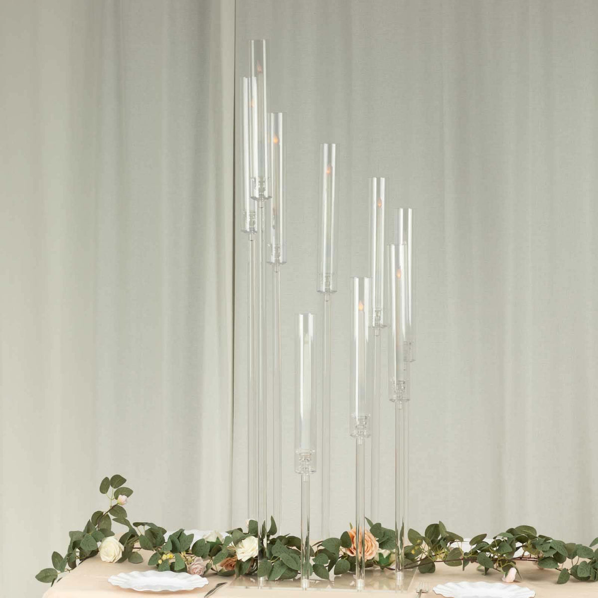 9-Arm Acrylic Cluster Taper Candelabra with Square Base 4ft Clear - Stylish Candle Holder Table Centerpiece for Pillar Candles & Events