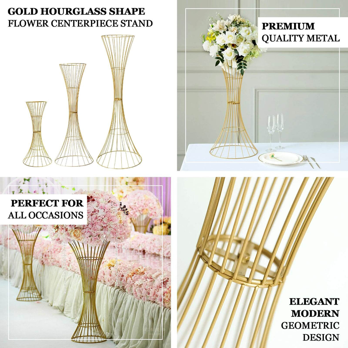 Gold Metal Wire Trumpet Shaped Flower Centerpiece Stand, Hourglass Open Frame Reversible Pedestal Prop 48" Tall