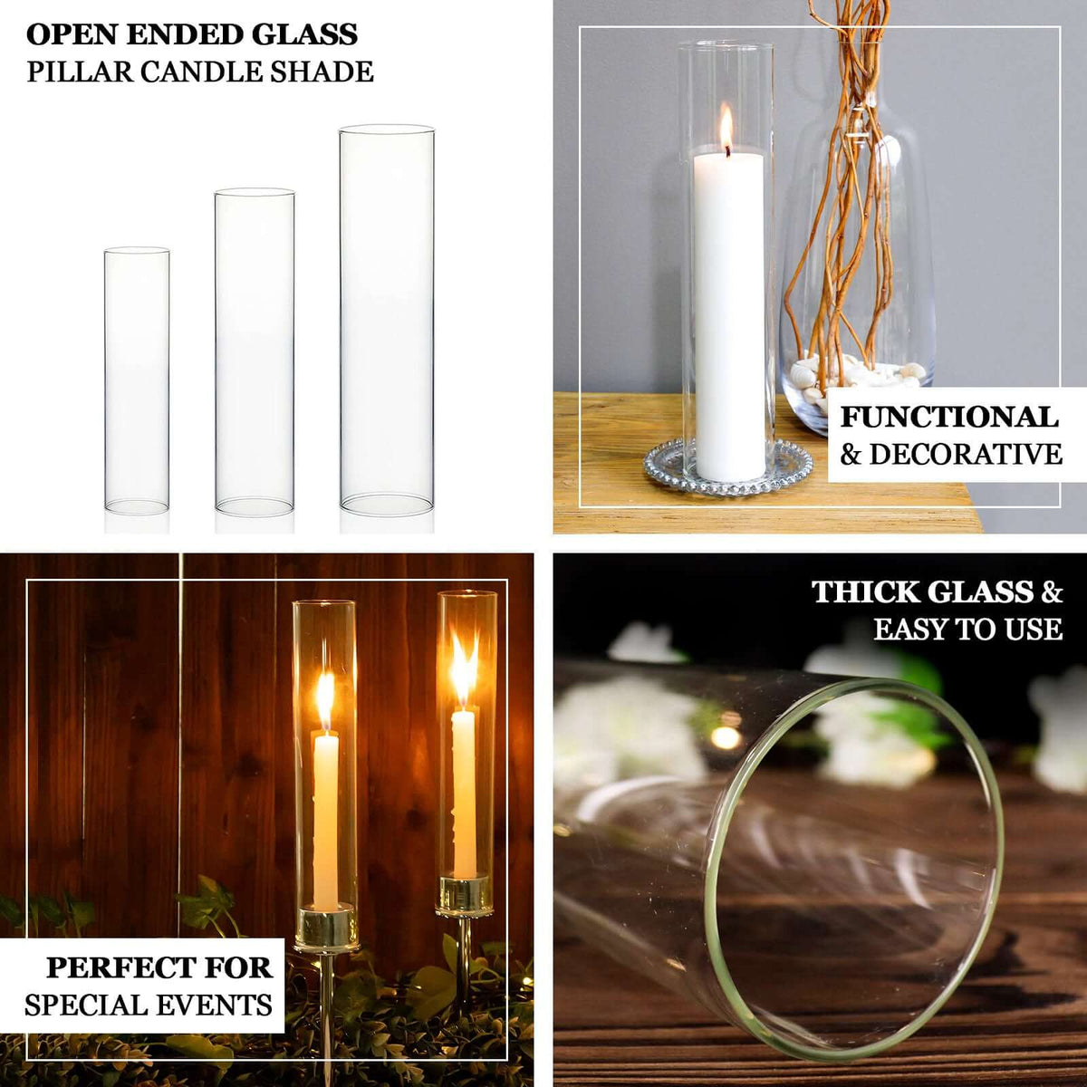 2-Pack Glass Candelabra Shades Open End Hurricane Design 24" Clear - Stylish Table Centerpiece for Weddings & Gatherings