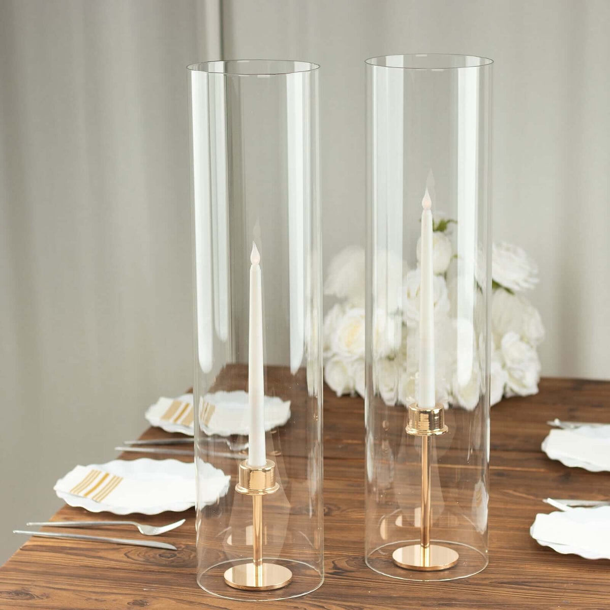 2-Pack Glass Candelabra Shades Open End Hurricane Design 24" Clear - Stylish Table Centerpiece for Weddings & Gatherings